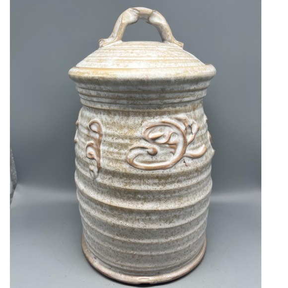 Vintage Storage Jar Canister /Lid Embossed Floral Design Rustic‎ Kitchen pottery